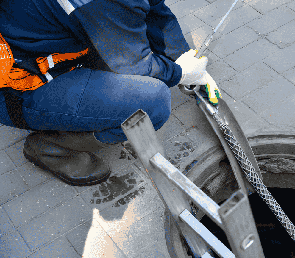 Drain cleaning specialist using professional equipment to clear a blocked sewer line.